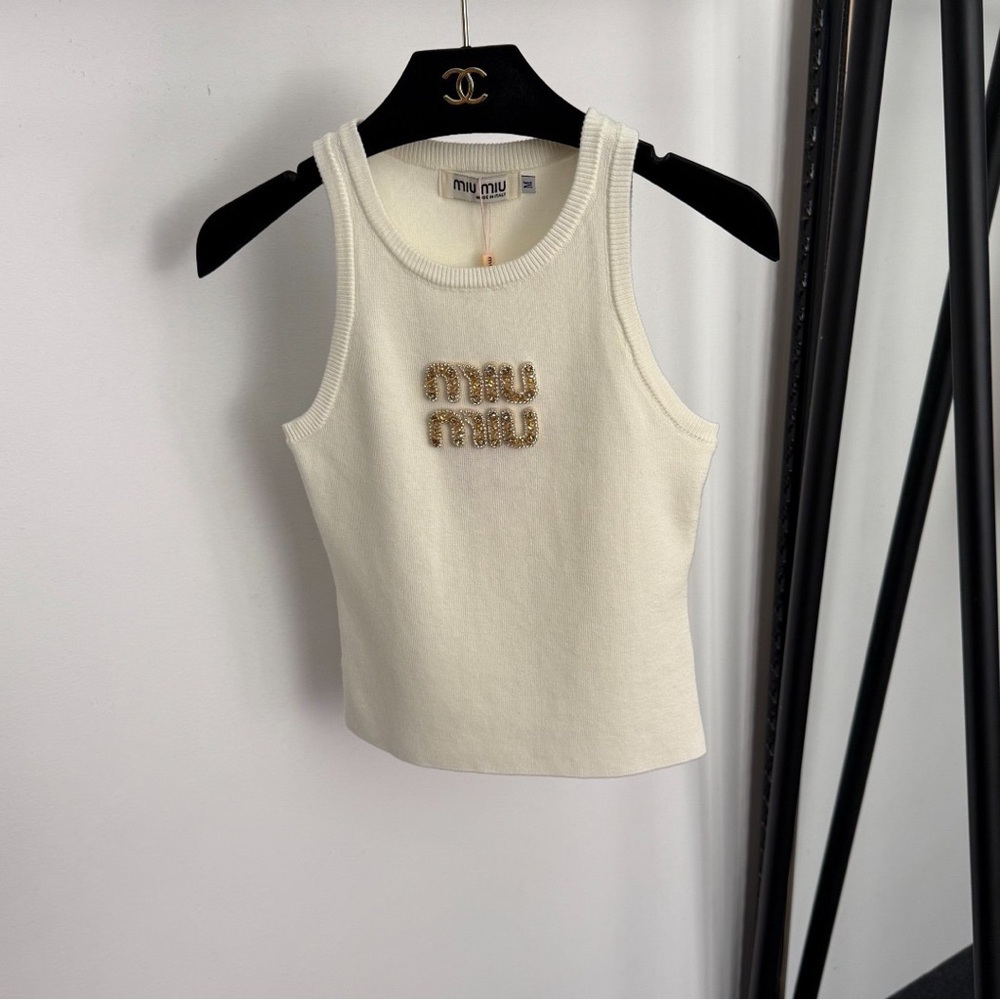 Miu Miu Cream Knit Tank with Gold Beaded Logo